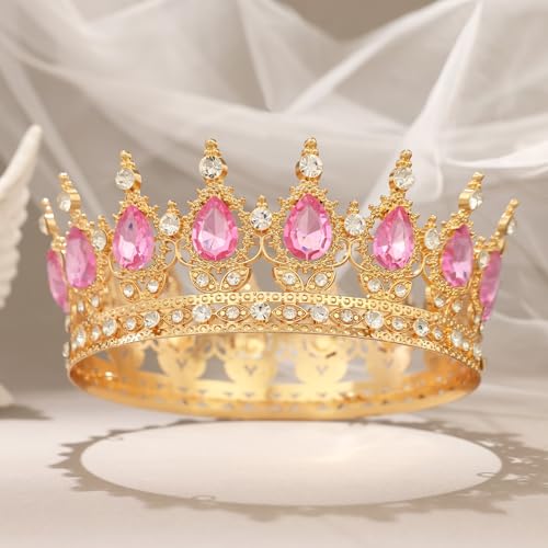 Pink Crown for Women Crystal Tiara and Queen Crown for Girl Wedding Headband for Bride Hair Accessories for Costume Birthday Party Cake Decoration Prom