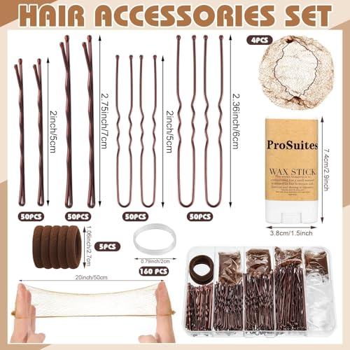 200 Brown Bobby Pins, 4 Hair Nets for Buns, Hair Wax Stick, 3 Slick Back Hair Brush and 105 Hair Bands for Women Girls Dance Competition Must Haves