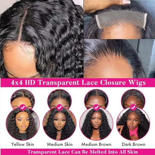 Josblue 4x4 Deep Curly Lace Front Wigs Human Hair for Black Women 4x4 Transparent Lace Closure Wet and Wavy 180% Density Pre Plucked with Baby Hair