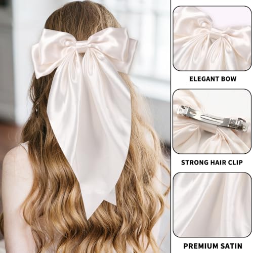 6 PCS Large Hair Bows for Woman Big Silky Satin Ribbon Long Tail Bows Hair Clips Oversized Barrettes for Woman Hair Accessories (6 Colors)
