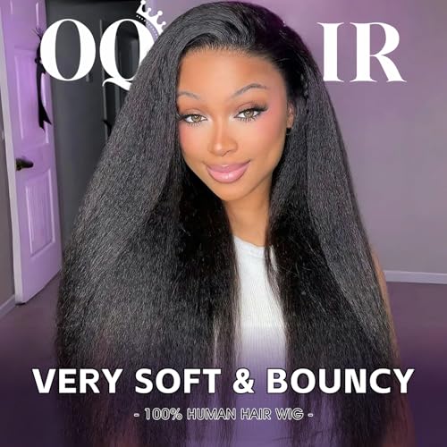 OQ Hair Kinky Straight Half Wig Human Hair Adjustable Drawstring 180% Density 3 In 1 Beginner Friendly Glueless Wear and Go Half Human Hair Wig for Women 20 Inch