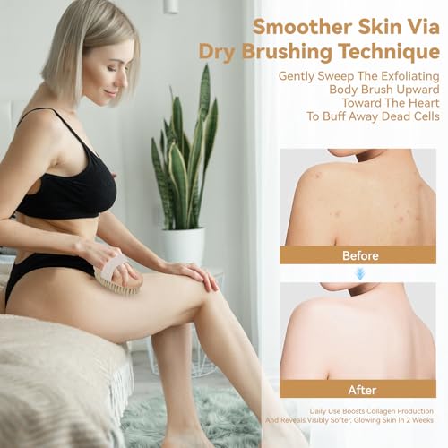 3-Pack Dry Body Brush with Massage Brush Exfoliating Dry Brushing Body Brush for Lymphatic Drainage, Natural Boar Bristle Dry Brush for Body Cellulite Improving Blood Circulation