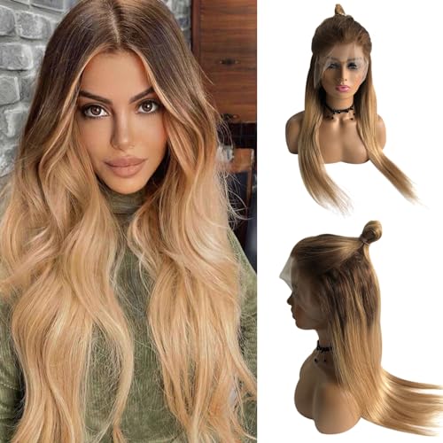 28Inch Honey Blonde Ombre Lace Front Wigs Human Hair Pre Plucked Long Straight Blonde Ombre 13x6 HD Free Part Lace Front Wigs Human Hair for Women,Glueless Brown Roots Honey Blonde Lace Frontal Wig