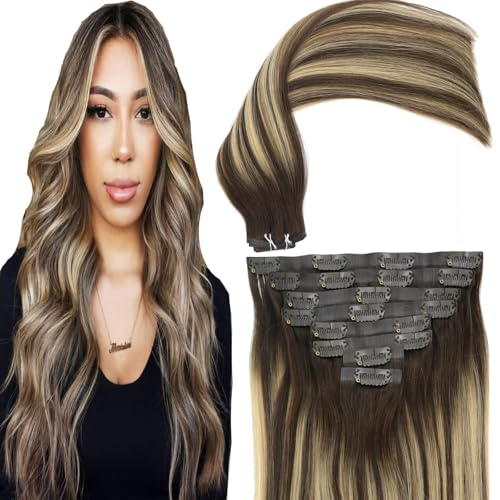 Seamless Clip in Hair Extensions Remy Human Hair, 20 Inch 120G, Rooted Chocolate Brown Base Mixed with Caramel Blonde, Balayage Invisible PU Clip In Hair, Skin Weft Human Hair Extensions
