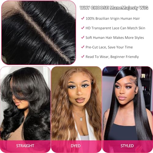 30 Inch Lace Front Wigs Human Hair Straight Wear and Go Glueless Wigs Human Hair Pre Plucked Pre Cut T Part HD Lace Front Wig 180% Density Black Layered Wig