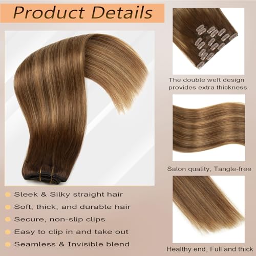 Ombre Brown Blonde Clip in Hair Extensions Real Human Hair 24 Inch 7pcs 120g Clip ins Hair Extensions Brazilian Remy Human Hair 16 Clips Double Weft Human Hair For Women