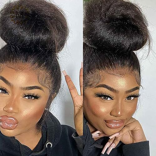 360 Lace Front Wigs Human Hair 20Inch Kinky Straight Human Hair Wig 180% Density Yaki Straight Human Hair Wig for Women Natural Color