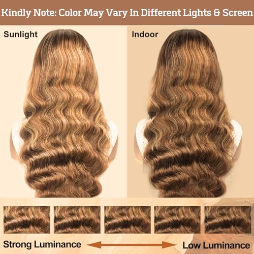 Highlight 360 Body Wave Lace Front Wigs Human Hair, Pre Plucked 180% Density Honey Blonde Highlighted Ombre Full 360 HD Lace Frontal Wig, 4/27 Colored 12A Thick Brazilian Remy Hair 18 IN