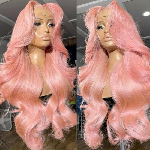 ANDRIA 13x4 HD Lace Front Wigs 28 Inches Pink Body Wave Long Glueless Lace Frontal Wigs Pre-plucked Hairline Synthetic Lace Front Wig With Baby Hair Heat Resistant Fiber Hair Wigs For Women