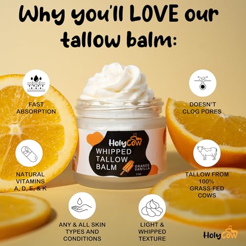 HolyCow Beef Tallow For Skin - Whipped Tallow Balm with Organic Jojoba Oil (Orange Vanilla), Grass Fed Beef Tallow Face Moisturizer for Eczema, Baby, Lip Balm - Lotion For Extremely Dry Skin
