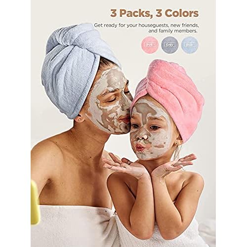 Hicober Microfiber Hair Towel,Turbans for Drying Wet Hair, Anti Frizz Hair Wrap Towels for Curly Hair Women (Blue,Grey,Pink) , 3 packs