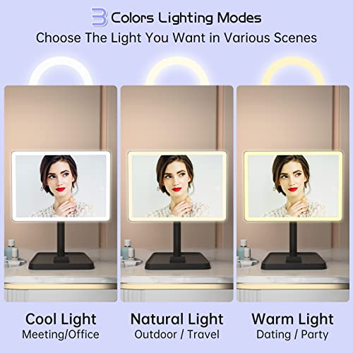 FUNTOUCH Rechargeable Makeup Vanity Mirror with Lights, Large Lighted Desk Makeup Mirror with 96 LED Lights and 10x Magnifying, 3 Color Lighting, Make up Light Mirror with Phone Holder
