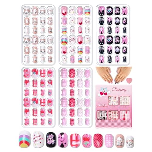 120PCS 5 Pack Press on Nails for Kids,Tweens Girls Soft Fake Nail Kit, Reusable Creative Design kids Nails, Full Cover Glitter Stick on Nails Girl Nails for Kids Ages 8-12