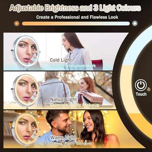 Wall?Mounted LED Makeup Mirror 1¡¿/15¡¿ Magnifying ? USB Rechargeable, 3?Color Touch?Dim Light, 360¡Æ Swivel 8¡± Double Sided, 2000?mAh Battery, Ideal for Hotel & Bathroom