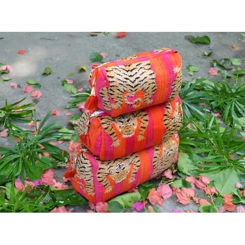 INDACORIFY Tiger Print Makeup Bag Set of 3 Pieces Indian Cotton Toiletry Bag Make up Pouch Travel Bag Quilted Wash Bag Shaving Cotton Cosmetic Kit