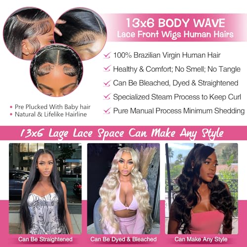 13x6 Lace Front Wigs Human Hair Pre Plucked 200% Density Body Wave HD Lace Front Wigs Human Hair Transparent Frontal Glueless Wigs Virgin Human Hair with Baby Hair for Women 32 Inch Natural Black