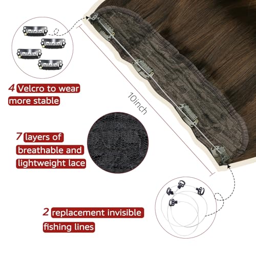 Wire Hair Extensions Real Human Hair, Invisible Wire Hair Extensions Fish Line Long Curly Hair Extensions for Women Adjustable Headband 20inch 85g Dark Brown to Dirty Blonde(#2/6/18-20inch)