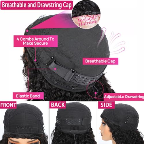 18 Inch Water Wave Half Wig Human Hair 200% Density Glueless 3-in-1 Seamless Flip Over Wear and Go Beginner Friendly Curly Half Wig Drawstring Headband Wig for Women