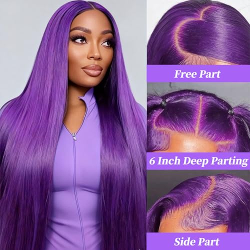 30 Inch Dark Purple Lace Front Wigs Human Hair 200% Density 13x6 Straight Lace Front Wigs Human Hair Colored Pre Plucked Purple Lace Frontal Wig with Baby Hair Natural Hairline
