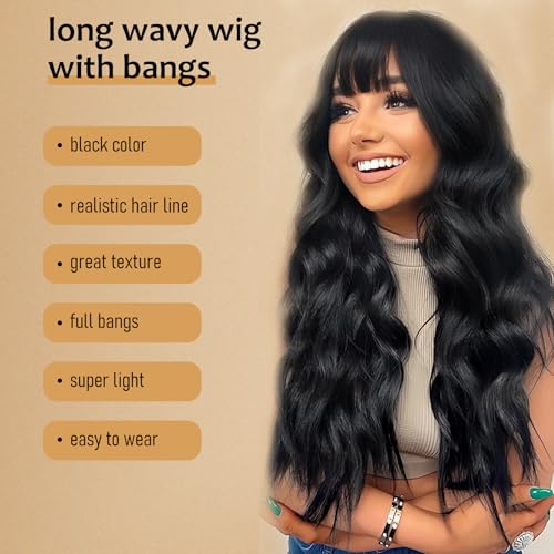MINLEE Black Wig with Bangs for Women 26 Inch Long Wavy Wig Natural Black Hair Wigs Heat Resistant Synthetic Wig for Daily Party Use