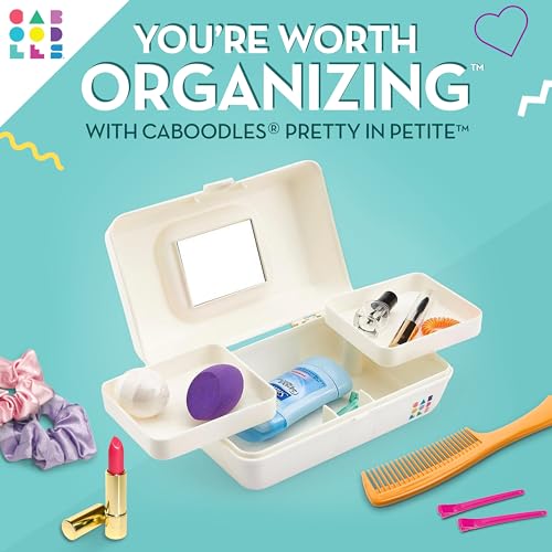 Caboodles Pretty in Petite Makeup Box, Hard Plastic Organizer Box, 2 Swivel Trays, Fashion Mirror, Secure Latch for Safe Travel