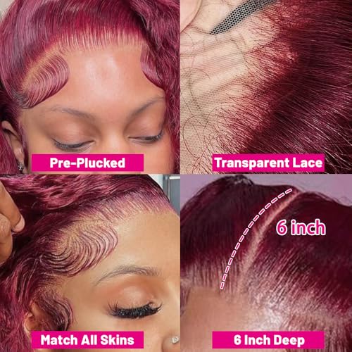 99J Burgundy Lace Front Wigs Human hair Deep Wave 13x6 HD Lace Frontal Wigs Human Hair Pre Plucked 200 Density Wine Red Colored 99J Curly human Wig with Baby Hair 26 inch Glueless Wig