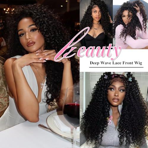 BVH Deep Wave Lace Front Wigs Human Hair Pre Plucked 13x6 HD Transparent Lace Frontal Wigs Human Hair 200% Density (Black, 26IN)