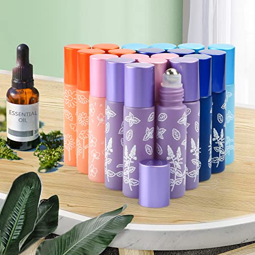 Cositina 20 Pack Essential Oil Roller Bottles, 10ml Glass Roll on With Stainless Steel Balls, Metal Aluminum Lid, Empty Sample Vial - Opener, Dropper Included