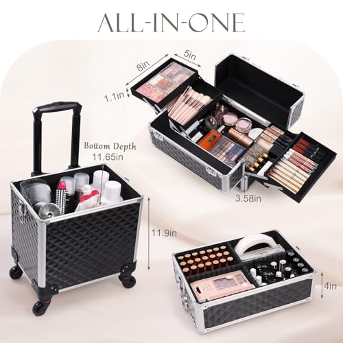 Adazzo 3 in 1 Professional Rolling Makeup Train Case Aluminum Trolley Case with 360¡Æ Rotation Wheels for Makuep Artist Cosmetic Suitcase Organizer with Lock and Key Diamond Pattern - Black