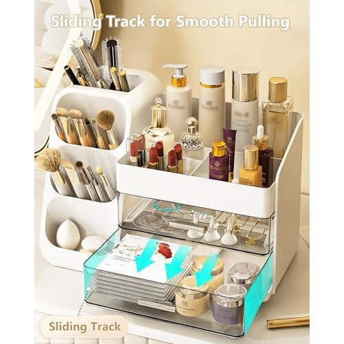 Makeup Organizer with Drawers, Skincare Organizer (Large Size Thick), Storage Box Cosmetic Display Cases, Make up Organizers for Vanity, Dresser, Desk, Kitchen, Countertop (White)
