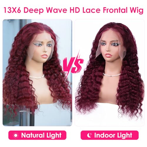 Hedy 99J Burgundy Deep Wave Human Hair Wigs for Women Pre Plucked with Baby Hair Glueless 13x6 HD Transparent Curly Lace Front Wigs Human Hair 180% Density Deep Wave Lace Frontal Wigs 22 Inch