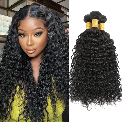 Water Wave Human Hair Bundles Curly Bundles 20 22 24 Inch, Natural Black Wet And Wavy Sew In Weave, Soft & Shed-free 12A 100% Brazilian Virgin Remy Hair 3 Bundles