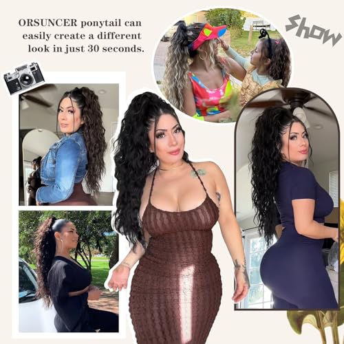 ORSUNCER Claw Long Wavy Ponytail Extension Black Brown 30" Curly Pony Tail Clip in Hair Extensions for Women fluffy Natural Looking Synthetic Hairpiece for Daily Use