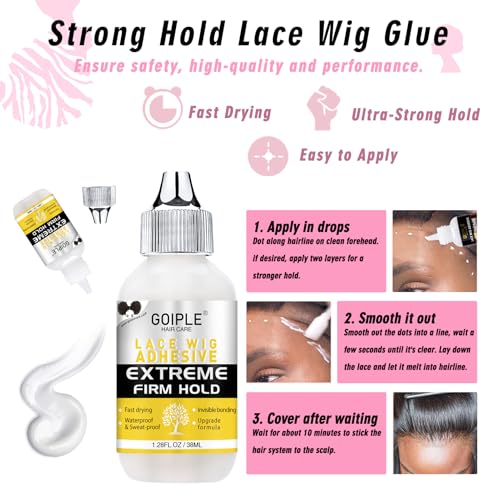 Wig Glue for Lace Front Wigs Lace Glue for Wig, Strong Hold Lace Glue for Lace Front Wig Lace Adhesive Hair Replacement with Remover, Wig Band, Hair Wax Stick, Edge Control Wig Installation Kit(10pcs)