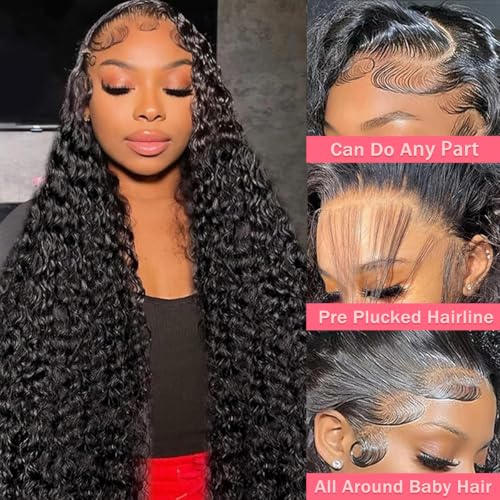 30 Inch Water Wave Lace Front Wigs Human Hair 10A Deep Curly 13x4 HD Transparent Lace Front Wigs Pre Plucked Glueless Wigs Human Hair for Women 180% Density (Natural Color)
