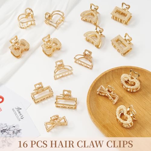 Small Hair Clips for Women 16PCS 0.98" Gold Metal Mini Claw Clips for Women Non Slip Bangs Pins for Thin/Thick Hair(16PCS-Style 9)