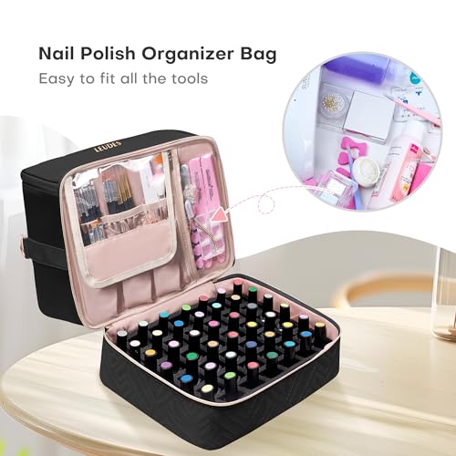 Leudes Nail Polish Organizer and Storage Holder 42 Bottles&Manicure Kit &Nail Lamp,Nail Stuff Bag Organizer Travel Case for Nail Tech Supplies Accessories Manicure Tools (Black)