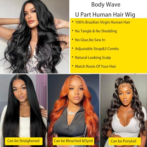 U Part Human Hair Wig Body Wave 18 Inch Brazilian Virgin Hair Glueless Wigs 100% Real Human Hair 180% density U Part Wig for Black Women U Part Wig Human Hair Upart Half Wig Natural Black Color