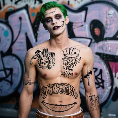 3 Sheets Joker Tattoos, Large-Size Halloween Temp Tattoo for Men, Realistic Waterproof Last-Long Fake Stickers for Suicide Squad Clown HQ Costume Cosplay Party Accessories Masquerade Makeup