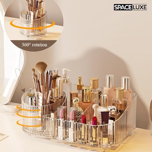 Makeup Organizer with Drawers and 360¡Æ Rotating Brush Holder, Large Capacity Cosmetic Storage for Vanity, Skincare, Perfume, Hair Accessories, Lipstick & Jewelry (Clear, 2-layer)