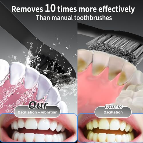 Rooman Oscillation&Vibration Sonic Electric Toothbrush for Adults, with 8 Brush Heads for Travel & Teeth Care, 20000 VPM, 3 Cleaning Modes, 2-Minute Timer, IPX7 Waterproof (Black)