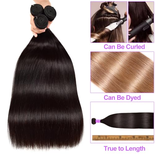 Straight Bundles Human Hair 24 26 28 30 Inch 4 Bundles Straight Hair 10A Double Weft Hair Extensions for Black Women 100% Unprocessed Virgin Human Hair Weave Natural Black