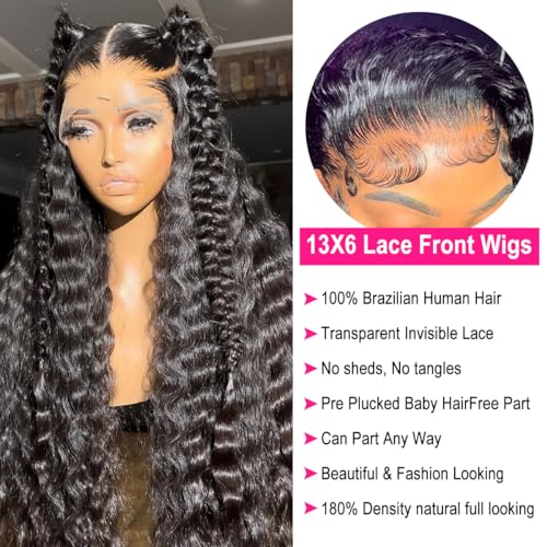 30 Inch Lace Front Wig Human Hair 220% Density 13x6 Lace Front Wigs Human Hair Pre Plucked Deep Wave Lace Front Wigs Human Hair Transparent HD Lace Front Wigs for Black Women