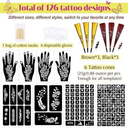 126 PCS Temporary Tattoos Stencils Kit,Temporary Tattoos Kit - 6 Pcs 2 Color(Brown Black) Ink with Gloves,DIY Body Art Painting for Women Men Adults Kids