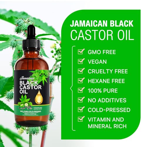 Jamaican Black Castor Oil 4Fl Oz, Organic Cold Pressed Unrefined Castor Oils for Hair Growth & Skin Care, Nourish Eyelashes and Eyebrows - Glass Bottle