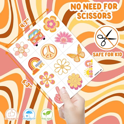 96 PCS Two Groovy Retro 60s 70s Pre-Cut Temporary Tattoos for Kids | Super Cute Themed Birthday Party Favors, Supplies, Decorations, Fake Tattoo Stickers (Multiple)