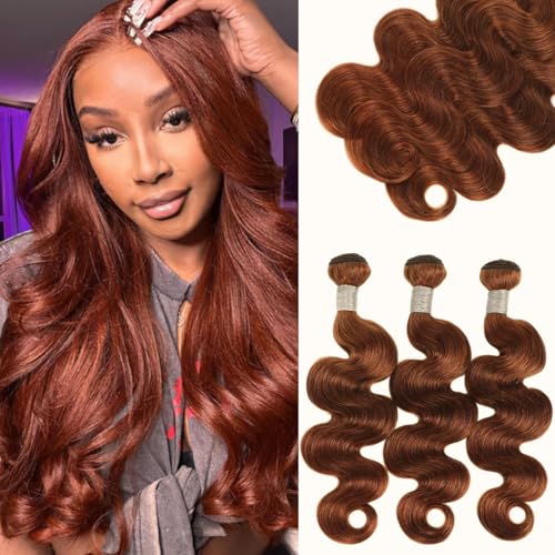 Light Reddish Brown Bundles Human Hair Body Wave 16 18 20 Inch, Color 30 Copper Brown Thick Raw Virgin 3 Bundles 12A 100% Brazilian Human Hair Wavy Loose Wave Quick Sew In Weave #30