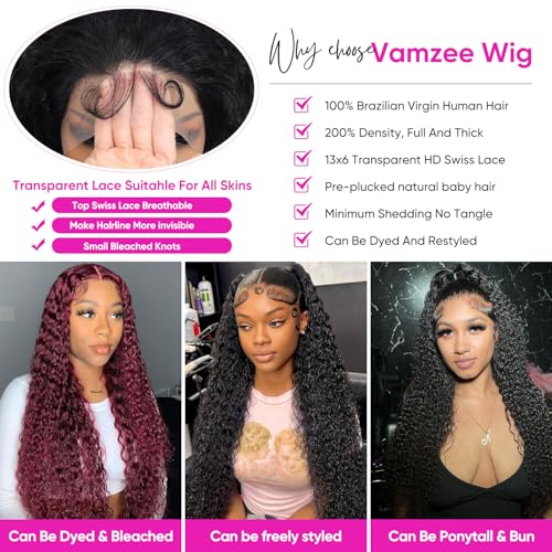 13x6 Lace Front Wigs Human Hair 210 Density HD Transparent Frontal Wigs Water Wave Wigs for Women Curly Lace Frontal Wet and Wavy Human Hair Wig Pre Plucked with Baby Hair 24Inch