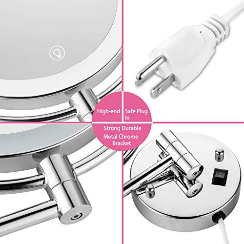 Wall Mounted Lighted Makeup Mirror, 8 Inch Double-Sided 1X 5X Magnifying Mirror for Bathroom, 11'' Extendable Arm, 360¡Æ Swivel, Touch DimmableLED Lights, Powered by Plug in, Chrome
