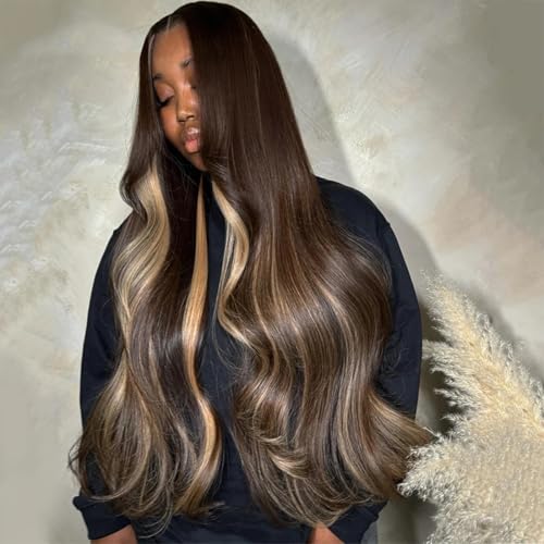 Ash Blonde Highlight Wig Human Hair 13x6 Body Wave Lace Front Wigs Human Hair Pre Plucked 180% Density Highlight Ombre Colored Wigs Glueless Hd Transparent Lace Frontal Wig for Women 26 Inch